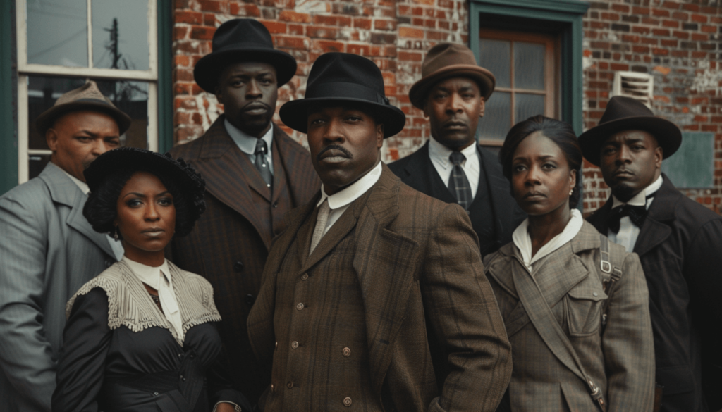 J.B. Stradford: The Visionary Behind Black Wall Street 4 A group of successful African American business leaders stand together outside on Greenwood Avenue in Tulsa's historic Black Wall Street district, circa 1921, embodying the community's prosperity and solidarity.