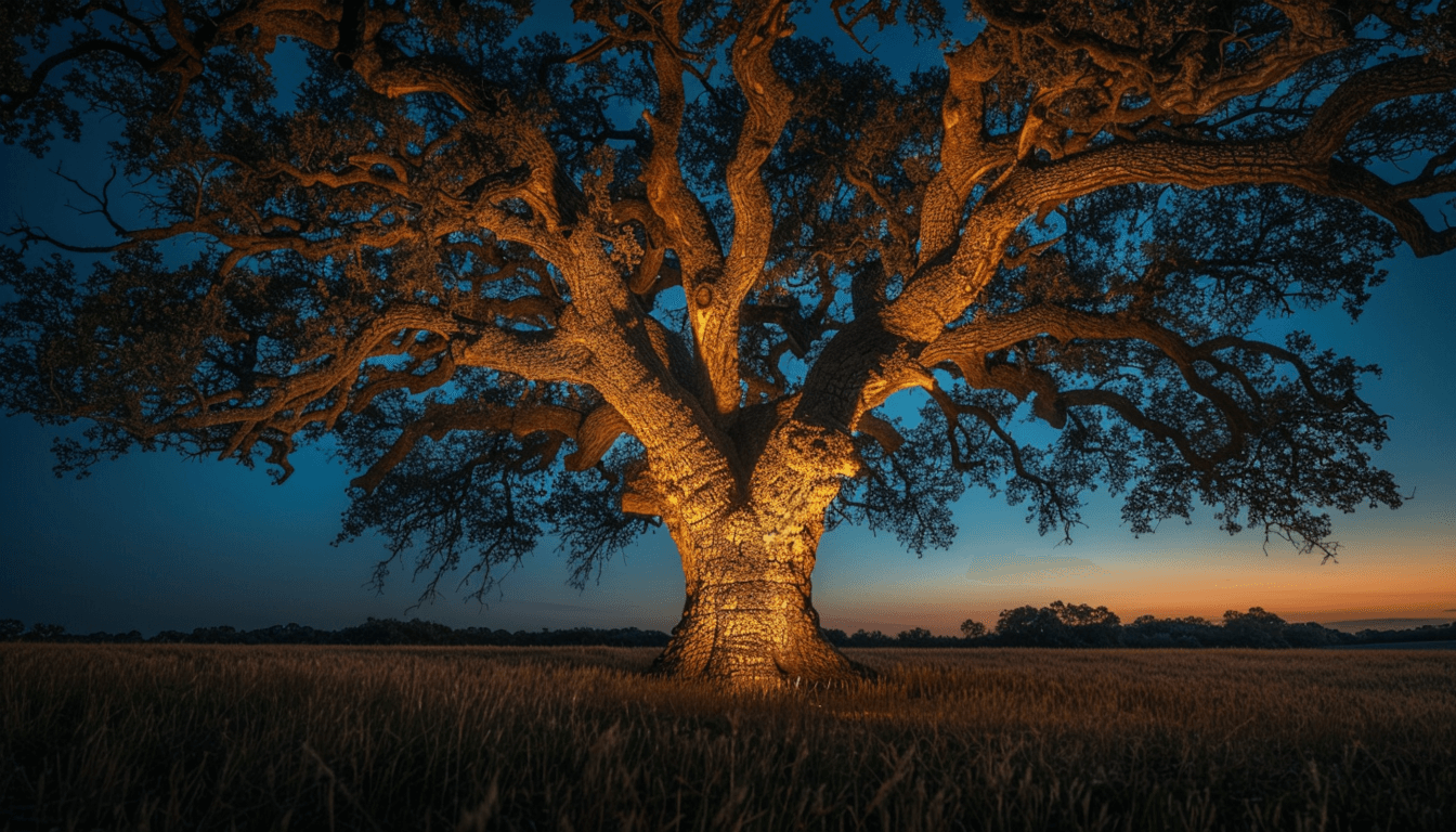 Survivor Stories from the 1921 Tulsa Race Massacre and Black Wall Street 1 A mighty, old oak tree standing strong in a field at night, its trunk illuminated by a single spotlight, symbolizing resilience.