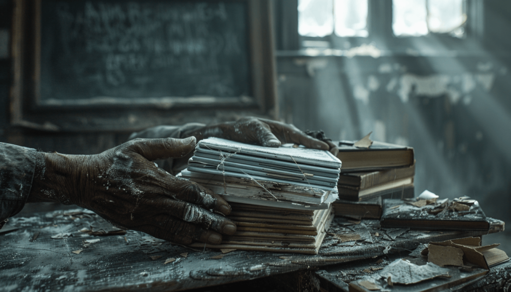 Survivor Stories from the 1921 Tulsa Race Massacre and Black Wall Street 3 A symbolic image of a man's hands stacking new textbooks onto a charred desk, representing educator Ellis Walker Woods's determination to rebuild Booker T. Washington High School after the Tulsa Race Massacre.