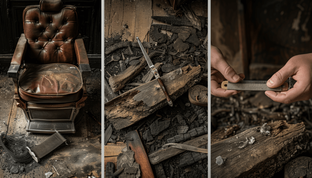 Survivor Stories from the 1921 Tulsa Race Massacre and Black Wall Street 7 A symbolic triptych of a vintage barber's razor: displayed in a shop, lying in ashes, and being passed to a new generation, representing Fredrick Goodwin's lost business and enduring entrepreneurial legacy from Black Wall Street.