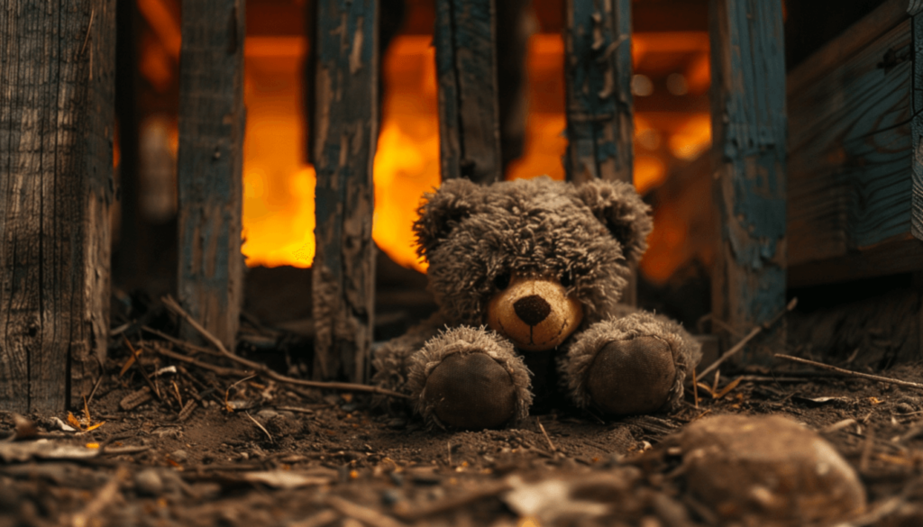 Survivor Stories from the 1921 Tulsa Race Massacre and Black Wall Street 4 A cinematic, low-angle shot from a child's hiding spot beneath a porch, showing a teddy bear and the ominous glow of fires and shadows during the Tulsa Race Massacre, representing George Monroe's childhood memory.