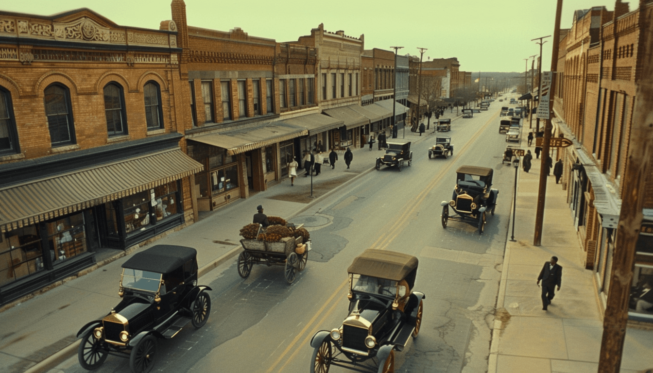 J.B. Stradford: The Visionary Behind Black Wall Street 1 A cinematic wide shot of a prosperous Greenwood Avenue in Tulsa Oklahoma, 1921, known as Black Wall Street, bustling with pedestrians and vintage Model T cars under the glow of golden hour.