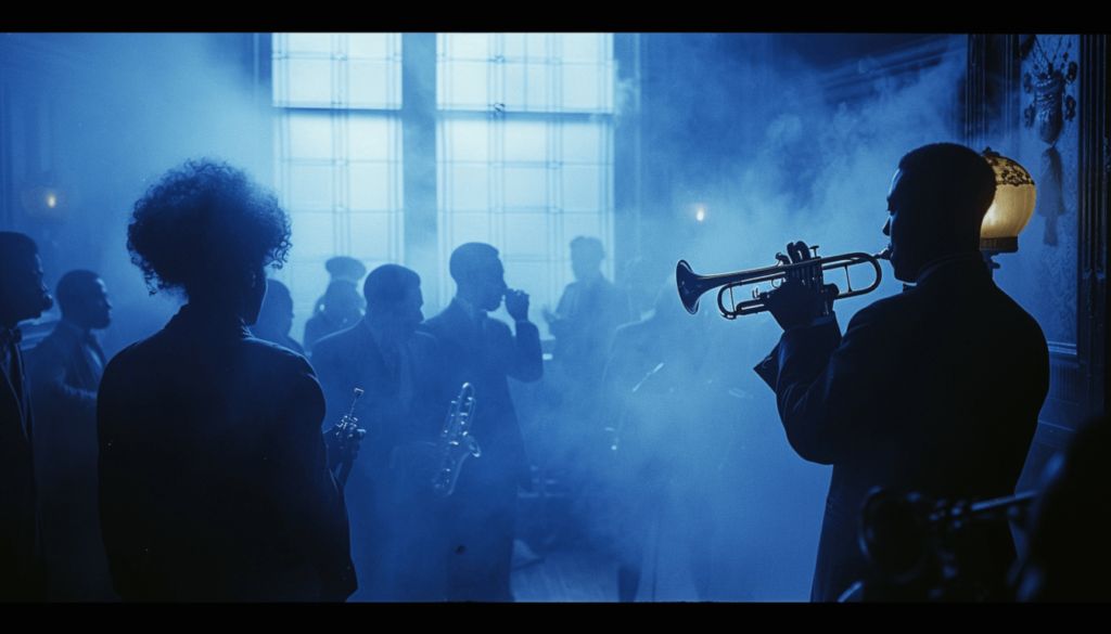 J.B. Stradford: The Visionary Behind Black Wall Street 5 A vibrant, moody scene inside a legendary jazz club on Black Wall Street in Tulsa's Greenwood District, 1921, showing well-dressed patrons enjoying music and nightlife, reflecting the community's cultural prosperity.