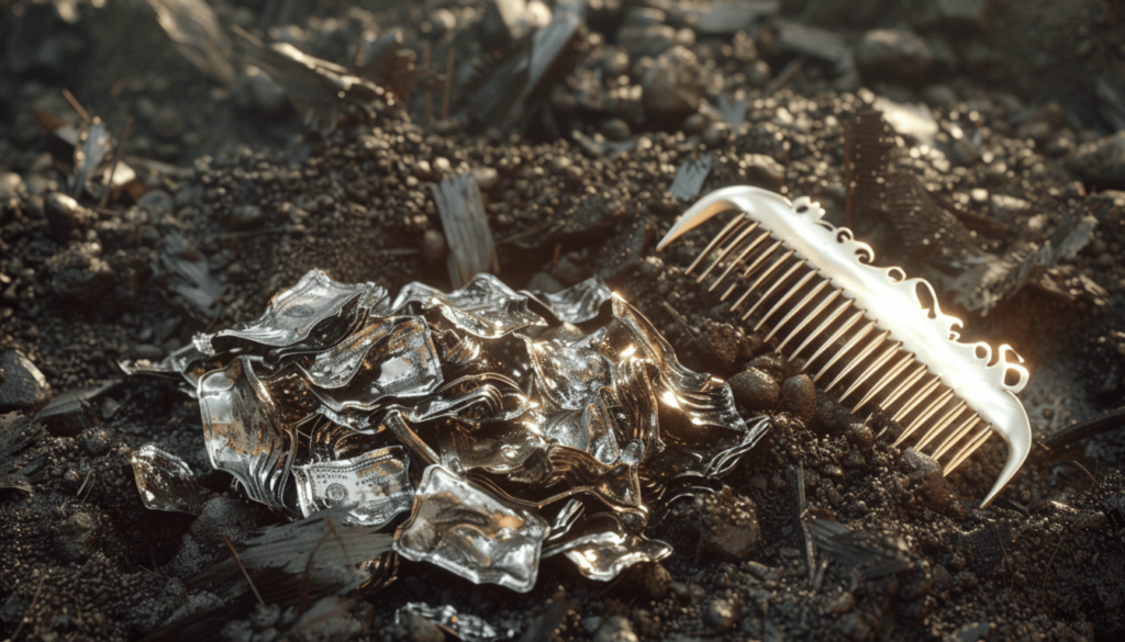 Survivor Stories from the 1921 Tulsa Race Massacre and Black Wall Street 9 A symbolic still life of melted silver dollars and a beauty comb, representing the destroyed businesses and life savings of Tulsa Race Massacre survivor and entrepreneur Mabel B. Little.