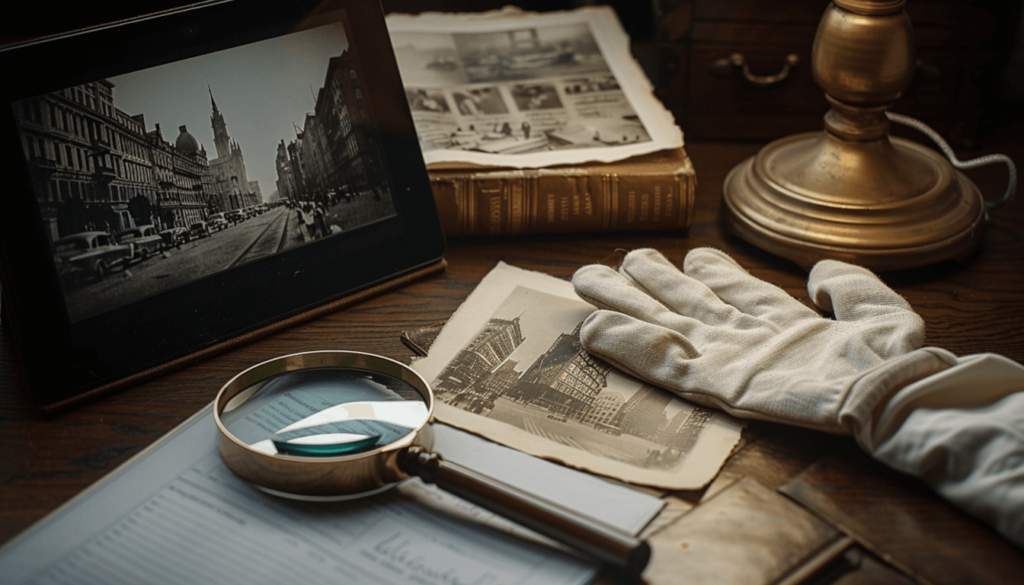 The 1921 Tulsa Race Massacre and the Destruction of Black Wall Street: Causes, Consequences, and Legacy 6 A researcher's table with archival gloves, a magnifying glass, and historical photographs, symbolizing the modern investigation and scholarship of the Tulsa Race Massacre.