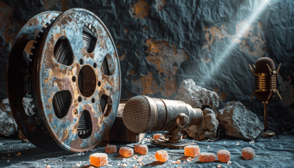 Survivor Stories from the 1921 Tulsa Race Massacre and Black Wall Street 5 A symbolic still life featuring a melted film reel and pieces of candy next to a vintage microphone, representing W.D. Williams's journey from losing his family's businesses in the Tulsa Race Massacre to becoming a lifelong advocate and educator.