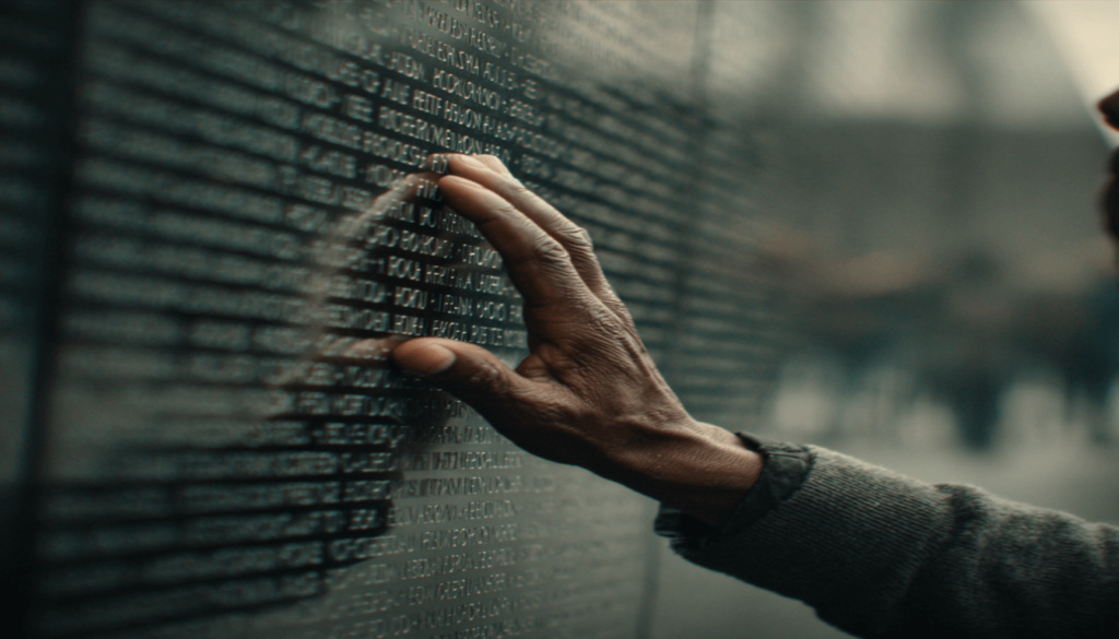 DOJ Report on the Tulsa Race Massacre: Federal Findings and the Fight for Reparations 6 A person's hand touching the engraved name of a survivor on a memorial wall, symbolizing the preservation of Black Wall Street's history and memory.