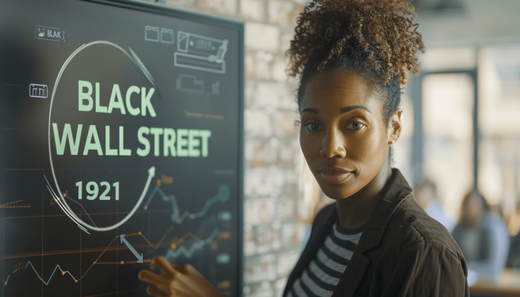 DOJ Report on the Tulsa Race Massacre: Federal Findings and the Fight for Reparations 4 A Black educator teaches a lesson on Black Wall Street in a modern classroom, with a focused diagram on the board and students present in the background.