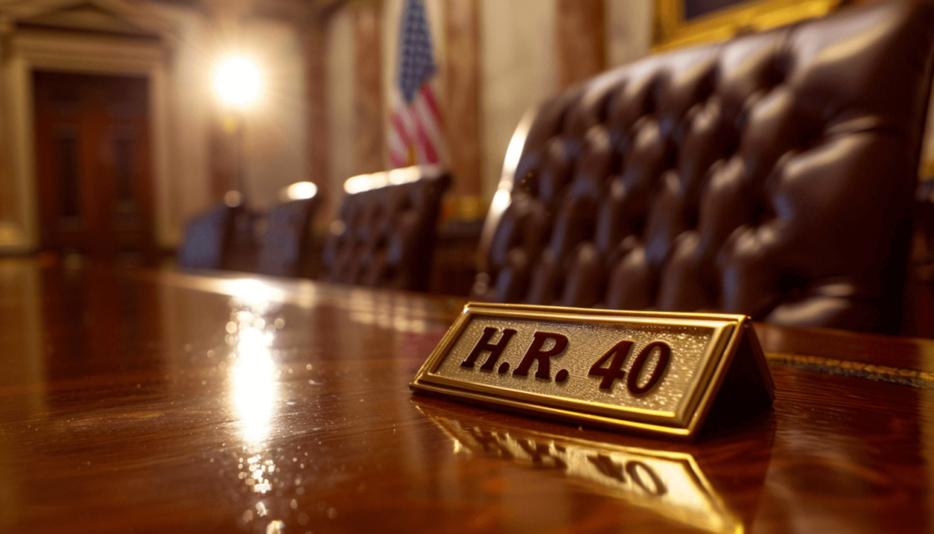 DOJ Report on the Tulsa Race Massacre: Federal Findings and the Fight for Reparations 7 A symbolic image of the H.R. 40 nameplate in a congressional setting, representing the legislative fight for federal recognition and reparations for Tulsa Massacre survivors.