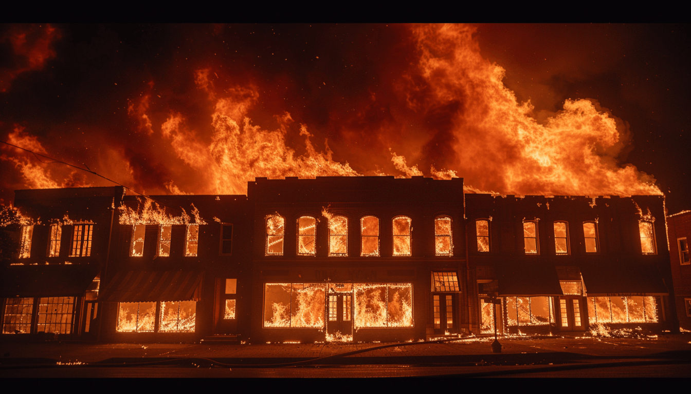 DOJ Report on the Tulsa Race Massacre: Federal Findings and the Fight for Reparations 1 A somber, expressive painting depicting the fires of the 1921 Tulsa Race Massacre consuming the Greenwood District.