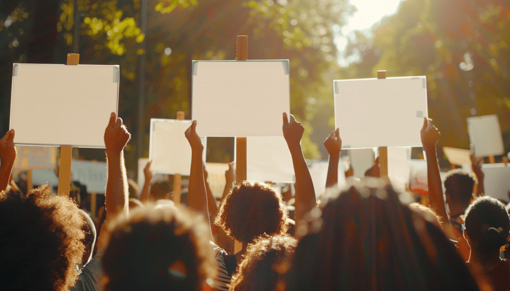 DOJ Report on the Tulsa Race Massacre: Federal Findings and the Fight for Reparations 8 A low-angle view of a diverse group of peaceful marchers demanding justice, symbolizing the ongoing mobilization for reparations and accountability after the Tulsa Race Massacre.