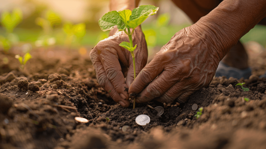 DOJ Report on the Tulsa Race Massacre: Federal Findings and the Fight for Reparations 2 An elder's hands planting a sapling in soil mixed with coins, symbolizing the concept of reparations for Tulsa Race Massacre survivors as an investment in future growth.