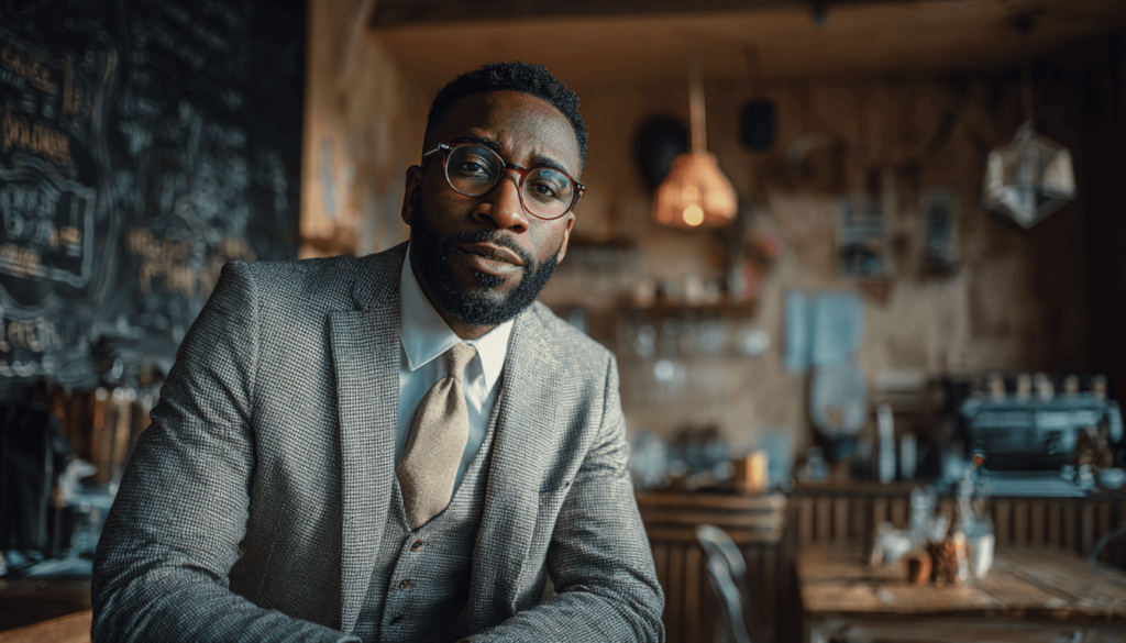 A Black cafe owner in a modern bakery, representing a thriving small business in a modern Black Wall Street community.
