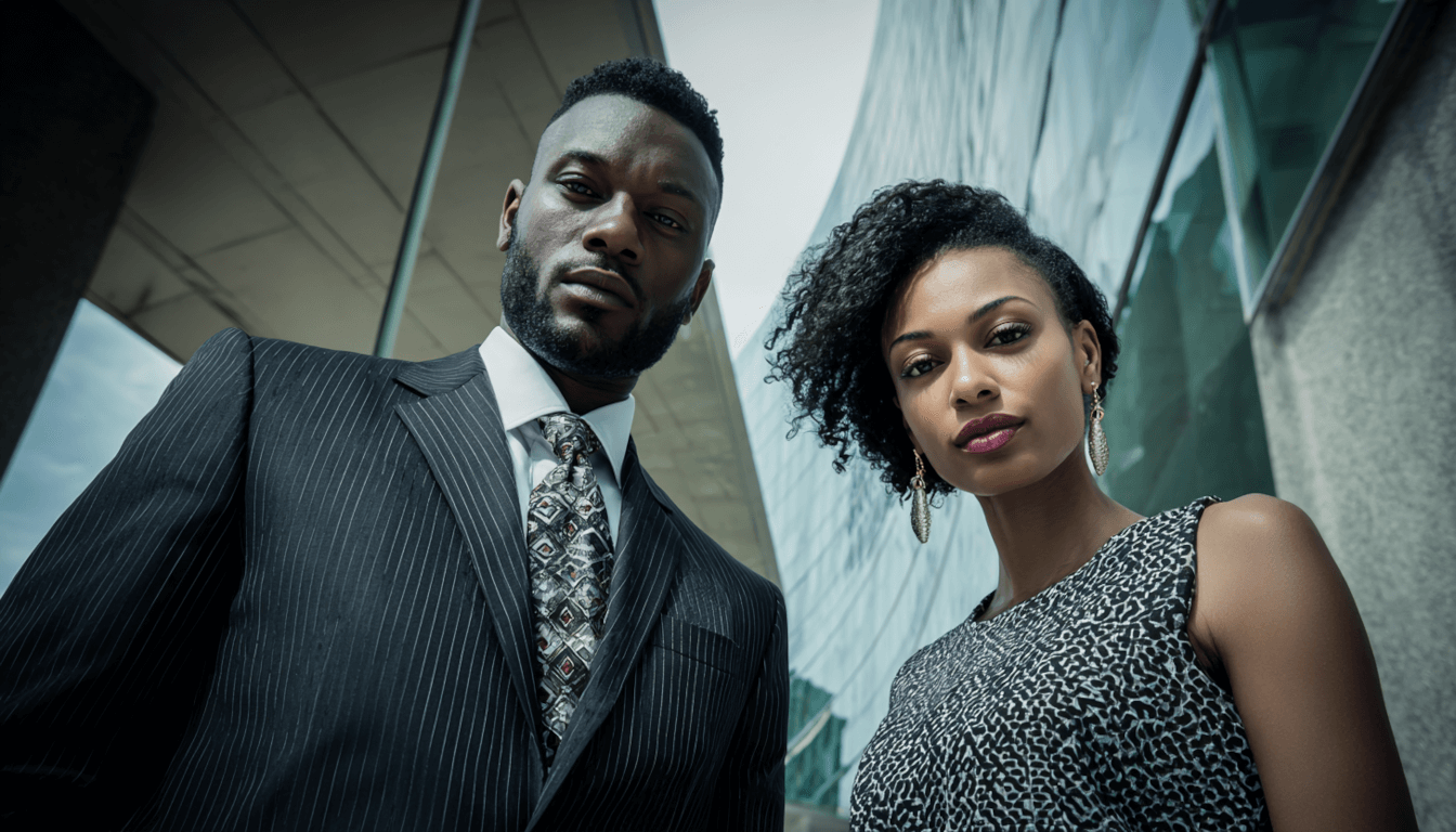 A confident African American man and woman, business partners, standing outside a modern high-rise office building, representing the growth of Black-owned corporate enterprises in modern Black Wall Streets across the U.S.