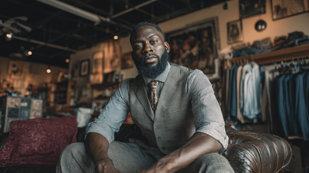 A skilled Black bespoke tailor at work in a well-organized shop, surrounded by finished suits, representing the precision and craftsmanship of small businesses in modern Black Wall Street communities.