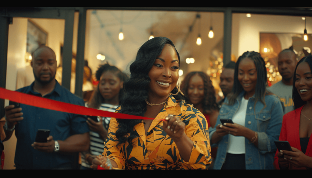 A celebratory grand opening ribbon-cutting ceremony for a new Black-owned business, with owners and community members cheering, symbolizing the growth of modern Black Wall Streets in cities across the United States.