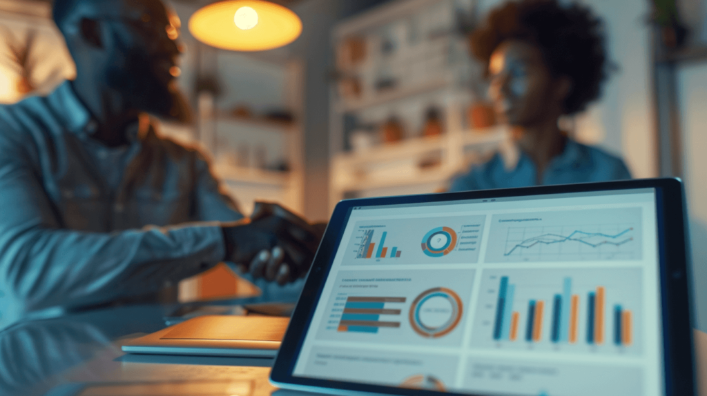A modern venture capital investment meeting between a Black startup founder and an African American investor, reviewing a pitch deck on a tablet, symbolizing the flow of capital in emerging Black Wall Street ecosystems.