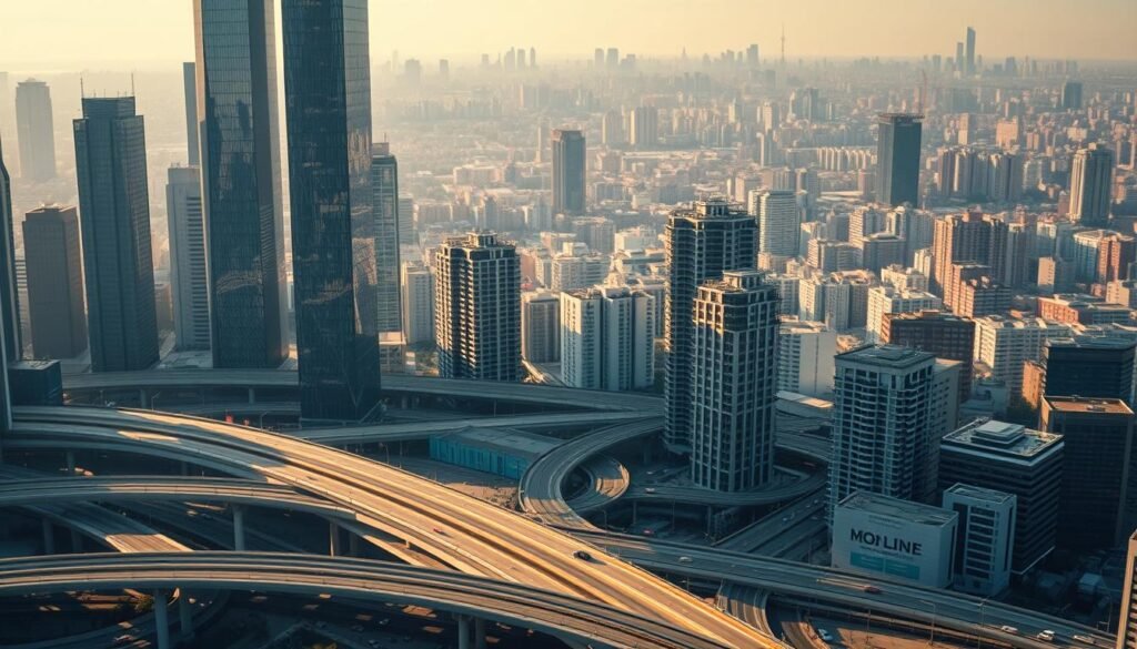Urban Renewal and the Decline of Black Wall Streets A landscape of new highways and high-rises, representing the urban renewal that led to the decline of Black Wall Streets and the loss of generational wealth.