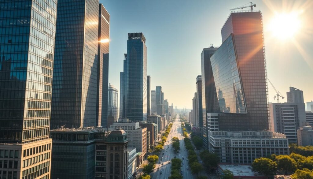 A bustling urban landscape, a mosaic of towering skyscrapers and modern architectural marvels. Gleaming glass facades reflect the warm glow of the sun, casting intricate patterns of light and shadow across the bustling streets below. In the foreground, sleek high-rises, their clean lines and angular forms creating a stark contrast with the older, weathered buildings nestled between them. The middle ground is a symphony of activity, with pedestrians and vehicles navigating the vibrant, tree-lined avenues. In the distance, the horizon is dotted with a cluster of cranes, signaling the constant expansion and evolution of this dynamic, ever-changing built environment. The atmosphere is one of progress and modernity, a testament to the relentless drive for development and transformation. A bustling urban landscape, a mosaic of towering skyscrapers and modern architectural marvels. Gleaming glass facades reflect the warm glow of the sun, casting intricate patterns of light and shadow across the bustling streets below. In the foreground, sleek high-rises, their clean lines and angular forms creating a stark contrast with the older, weathered buildings nestled between them. The middle ground is a symphony of activity, with pedestrians and vehicles navigating the vibrant, tree-lined avenues. In the distance, the horizon is dotted with a cluster of cranes, signaling the constant expansion and evolution of this dynamic, ever-changing built environment. The atmosphere is one of progress and modernity, a testament to the relentless drive for development and transformation.