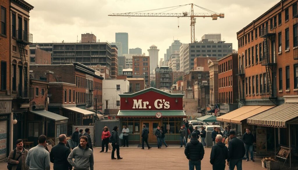 A bustling urban plaza, Mr. G's, stands at the center of a sprawling Roxbury neighborhood. The once vibrant space is now shrouded in a melancholic atmosphere, as surrounding buildings have been razed, making way for new development. In the foreground, a small group of residents gathers, their expressions somber, bearing witness to the displacement of their community. The middle ground depicts the remaining structures, their facades weathered and neglected. In the background, a looming crane hovers, foreshadowing the impending transformation. Warm, muted tones cast a bittersweet glow over the scene, conveying a sense of loss and resilience. A bustling urban plaza, Mr. G's, stands at the center of a sprawling Roxbury neighborhood. The once vibrant space is now shrouded in a melancholic atmosphere, as surrounding buildings have been razed, making way for new development. In the foreground, a small group of residents gathers, their expressions somber, bearing witness to the displacement of their community. The middle ground depicts the remaining structures, their facades weathered and neglected. In the background, a looming crane hovers, foreshadowing the impending transformation. Warm, muted tones cast a bittersweet glow over the scene, conveying a sense of loss and resilience.