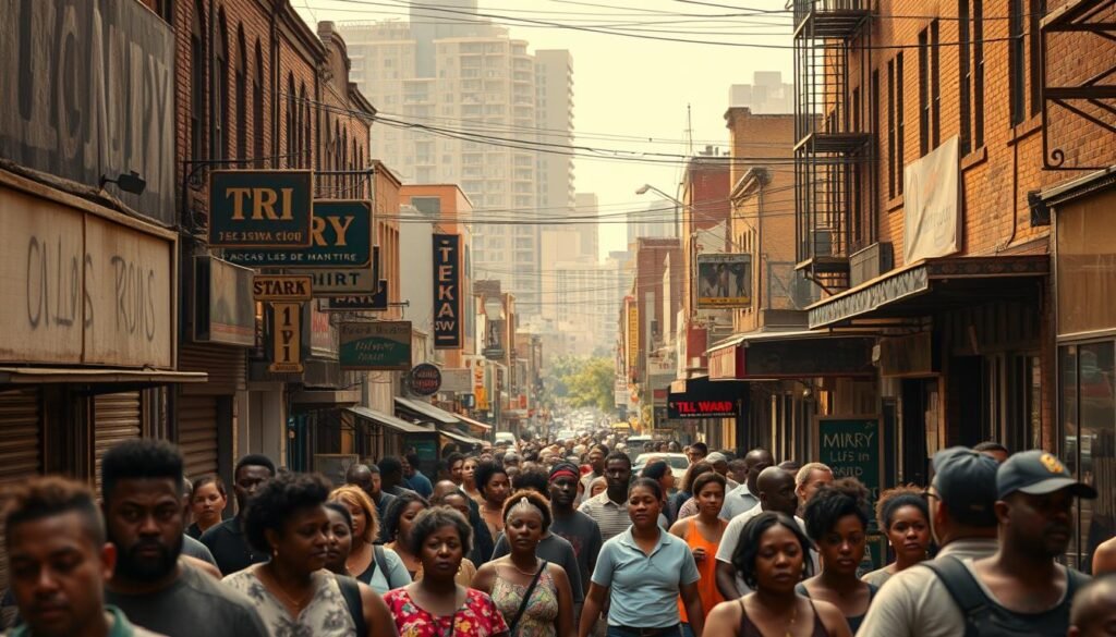 A bustling urban scene in the heart of Houston's Third Ward, where rows of small businesses line the streets. Weathered storefronts, some boarded up, others vibrant with activity, reflect the neighborhood's complex history of gentrification and cultural displacement. In the foreground, a diverse crowd of Black community members navigates the sidewalks, their faces etched with a mix of resilience and concern. The middle ground reveals a mix of older buildings and newer developments, hinting at the tensions between preservation and progress. The background is hazy, with a sense of uncertainty looming over the scene, as the community grapples with the impact of rapid change. The lighting is warm, casting a golden glow that belies the underlying currents of social upheaval. A bustling urban scene in the heart of Houston's Third Ward, where rows of small businesses line the streets. Weathered storefronts, some boarded up, others vibrant with activity, reflect the neighborhood's complex history of gentrification and cultural displacement. In the foreground, a diverse crowd of Black community members navigates the sidewalks, their faces etched with a mix of resilience and concern. The middle ground reveals a mix of older buildings and newer developments, hinting at the tensions between preservation and progress. The background is hazy, with a sense of uncertainty looming over the scene, as the community grapples with the impact of rapid change. The lighting is warm, casting a golden glow that belies the underlying currents of social upheaval.