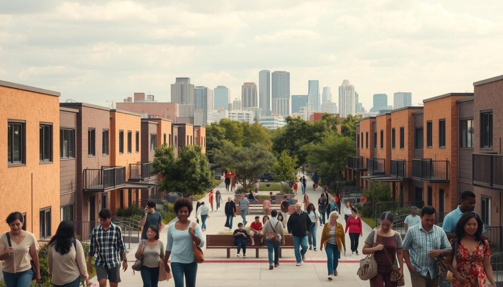 A diverse community of renters residing in well-designed, affordable housing units within a lively urban neighborhood. The foreground depicts a row of modest, two-story buildings with clean, modern lines and warm, earthy tones. Residents of various ages and backgrounds stroll along the sidewalks, creating a sense of vibrant street life. The middle ground features a small park or plaza, with benches, trees, and people engaged in leisure activities. In the background, a skyline of mid-rise buildings hints at the proximity to the city center, while maintaining a human-scale, neighborhood feel. The lighting is soft, natural, and evenly distributed, creating a welcoming and inclusive atmosphere. The overall composition conveys a vision of equitable, community-oriented housing that empowers and uplifts the lives of its diverse residents. A diverse community of renters residing in well-designed, affordable housing units within a lively urban neighborhood. The foreground depicts a row of modest, two-story buildings with clean, modern lines and warm, earthy tones. Residents of various ages and backgrounds stroll along the sidewalks, creating a sense of vibrant street life. The middle ground features a small park or plaza, with benches, trees, and people engaged in leisure activities. In the background, a skyline of mid-rise buildings hints at the proximity to the city center, while maintaining a human-scale, neighborhood feel. The lighting is soft, natural, and evenly distributed, creating a welcoming and inclusive atmosphere. The overall composition conveys a vision of equitable, community-oriented housing that empowers and uplifts the lives of its diverse residents.