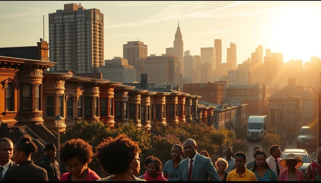 A vibrant cityscape bathed in warm hues, capturing the resilience and dynamism of Boston's Roxbury neighborhood. In the foreground, a bustling street scene with Black families and individuals going about their daily lives, their faces and figures rendered with striking detail. In the middle ground, a mix of historic brownstones and modern apartment buildings, each reflecting the layered legacy of this community. The background features the iconic Boston skyline, the sun casting a golden glow over the scene, hinting at the neighborhood's rich cultural heritage and the bittersweet impact of urban renewal. The overall composition conveys a sense of both pride and resilience, a testament to the enduring spirit of Roxbury's Black residents. A vibrant cityscape bathed in warm hues, capturing the resilience and dynamism of Boston's Roxbury neighborhood. In the foreground, a bustling street scene with Black families and individuals going about their daily lives, their faces and figures rendered with striking detail. In the middle ground, a mix of historic brownstones and modern apartment buildings, each reflecting the layered legacy of this community. The background features the iconic Boston skyline, the sun casting a golden glow over the scene, hinting at the neighborhood's rich cultural heritage and the bittersweet impact of urban renewal. The overall composition conveys a sense of both pride and resilience, a testament to the enduring spirit of Roxbury's Black residents.