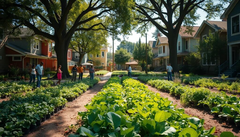 A vibrant community garden blooms in a sun-dappled urban landscape. Rows of thriving vegetables and lush greenery stretch across a verdant plot, surrounded by cozy homes and bustling streets. In the foreground, people of color tend to their crops, sharing knowledge and building connections. Towering trees line the perimeter, casting gentle shadows. The scene exudes a sense of empowerment, sustainability, and collective responsibility - a testament to the resilience and self-determination of the local community. The camera's angle captures the scene from a ground-level perspective, inviting the viewer to immerse themselves in this haven of community-driven development. A vibrant community garden blooms in a sun-dappled urban landscape. Rows of thriving vegetables and lush greenery stretch across a verdant plot, surrounded by cozy homes and bustling streets. In the foreground, people of color tend to their crops, sharing knowledge and building connections. Towering trees line the perimeter, casting gentle shadows. The scene exudes a sense of empowerment, sustainability, and collective responsibility - a testament to the resilience and self-determination of the local community. The camera's angle captures the scene from a ground-level perspective, inviting the viewer to immerse themselves in this haven of community-driven development.