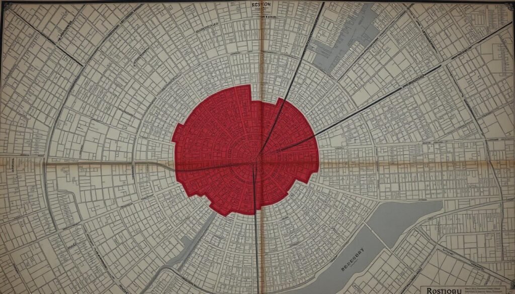 An aerial view of a detailed redlining map of a 1930s-1950s American city, specifically the Roxbury neighborhood of Boston. The map shows clear delineations between "desirable" and "undesirable" residential areas, with the Roxbury district outlined in dark red. The map is worn and faded, reflecting the historical weight of these discriminatory policies. The background is a muted palette of greys and browns, emphasizing the somber and systematic nature of these practices. The map is displayed prominently, conveying the central role of these cartographic tools in perpetuating racial segregation and disinvestment. No people are present, allowing the map itself to be the focal point and storyteller. An aerial view of a detailed redlining map of a 1930s-1950s American city, specifically the Roxbury neighborhood of Boston. The map shows clear delineations between "desirable" and "undesirable" residential areas, with the Roxbury district outlined in dark red. The map is worn and faded, reflecting the historical weight of these discriminatory policies. The background is a muted palette of greys and browns, emphasizing the somber and systematic nature of these practices. The map is displayed prominently, conveying the central role of these cartographic tools in perpetuating racial segregation and disinvestment. No people are present, allowing the map itself to be the focal point and storyteller.