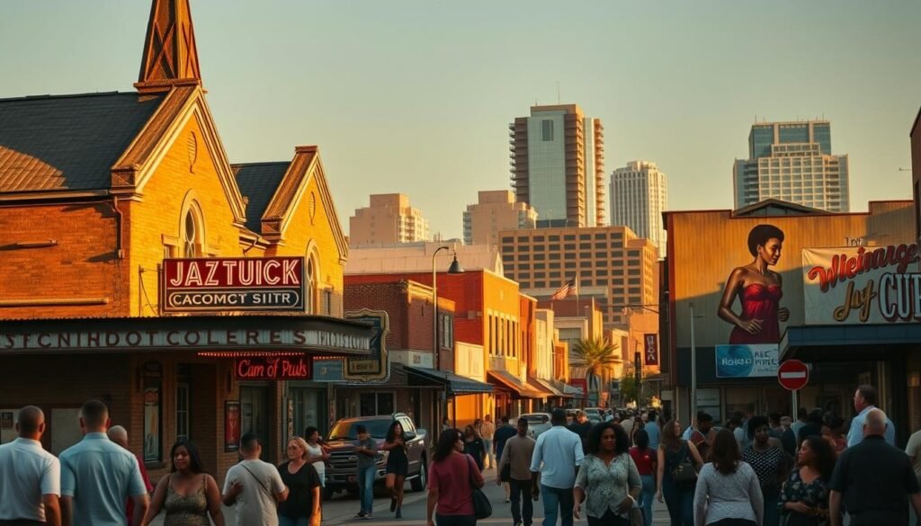 An image of a vibrant, historic community in Houston's Third Ward: a bustling street scene with a mix of well-worn but proud institutions - a corner church with a towering steeple, a small jazz club with neon signs, a community center with a mural depicting African American heritage. The lighting is warm and golden, casting a nostalgic glow over the scene. In the foreground, people of color stroll the sidewalks, gathered in lively conversation. The middle ground features a mix of older and newer buildings, reflecting the neighborhood's enduring legacy. In the background, a few modern high-rises loom, hinting at the encroaching forces of gentrification. The overall atmosphere conveys a sense of resilience, community, and the importance of preserving cultural identity. An image of a vibrant, historic community in Houston's Third Ward: a bustling street scene with a mix of well-worn but proud institutions - a corner church with a towering steeple, a small jazz club with neon signs, a community center with a mural depicting African American heritage. The lighting is warm and golden, casting a nostalgic glow over the scene. In the foreground, people of color stroll the sidewalks, gathered in lively conversation. The middle ground features a mix of older and newer buildings, reflecting the neighborhood's enduring legacy. In the background, a few modern high-rises loom, hinting at the encroaching forces of gentrification. The overall atmosphere conveys a sense of resilience, community, and the importance of preserving cultural identity.