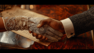 Black Wall Street Founders: The Visionaries Who Built Greenwood 5 An extreme close-up of a symbolic handshake between two African American business partners in the Greenwood District, circa 1921, showcasing an elegant gloved hand and a tailored suit cuff, representing the partnerships that built Black Wall Street.
