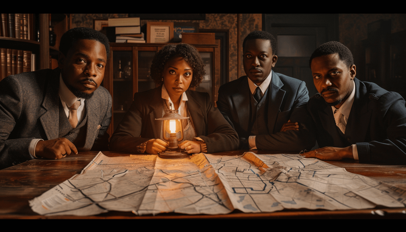 Black Wall Street Founders: The Visionaries Who Built Greenwood 1 A cinematic scene of African American founders and visionaries of Black Wall Street engaged in a strategic planning meeting in a Tulsa office, circa 1920, reviewing maps of the Greenwood District under the light of a desk lamp.