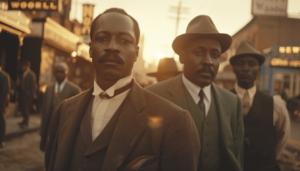 Black Wall Street Founders: The Visionaries Who Built Greenwood 3 A wide, bustling view of a prosperous Greenwood Avenue in Tulsa's historic Black Wall Street district, circa 1921, showcasing thriving African American-owned businesses, well-dressed patrons, and vintage automobiles under sunny skies.