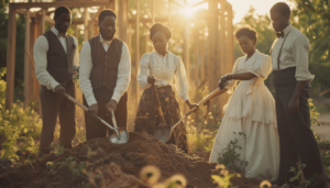 Black Wall Street Founders: The Visionaries Who Built Greenwood 2 A symbolic groundbreaking ceremony for a new building in Tulsa's historic Greenwood District, circa 1920, showing well-dressed African American founders turning soil with shovels, representing the hope and prosperity of Black Wall Street.