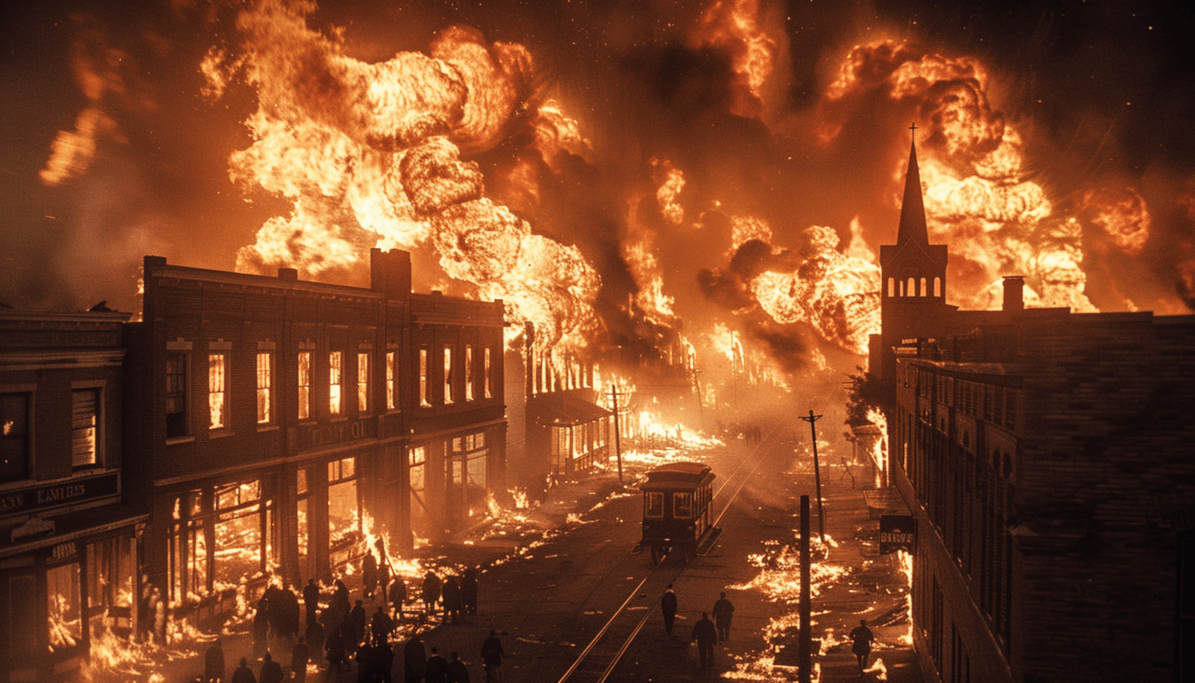 The 1921 Tulsa Race Massacre and the Destruction of Black Wall Street: Causes, Consequences, and Legacy 1 A cinematic depiction of the Tulsa Race Massacre of 1921, showing the Greenwood District, known as Black Wall Street, engulfed in flames set by a white mob.