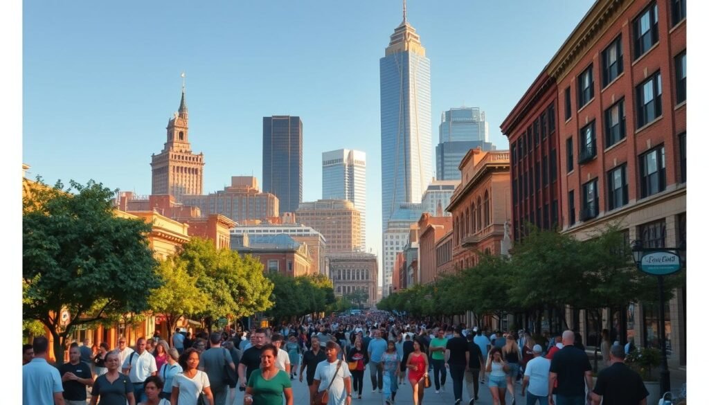 A bustling cityscape in Tulsa, Oklahoma's historic Greenwood district, known as "Black Wall Street." The foreground features a diverse crowd of people strolling along tree-lined sidewalks, admiring the vibrant, well-preserved architecture of the past. In the middle ground, a mix of modern and historic buildings stand tall, their facades illuminated by warm, golden sunlight. The background is dominated by the striking silhouettes of skyscrapers, a testament to the district's resilience and ongoing revitalization. The scene conveys a sense of cultural pride, progress, and a reverence for the legacy of this important economic and social center.