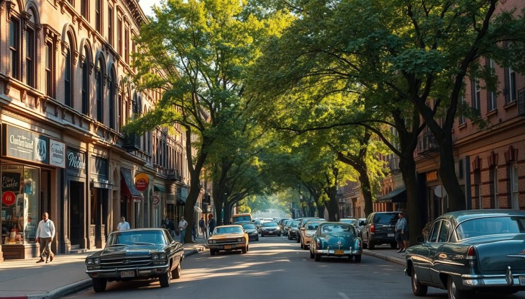 A bustling street in the Bronzeville neighborhood of Chicago, lined with early 20th-century brownstone buildings and shops. Warm afternoon sunlight casts long shadows, illuminating the vibrant storefronts and pedestrians strolling along the sidewalks. In the middle ground, classic American cars are parked along the curb, reflecting the golden age of Black entrepreneurship and cultural renaissance. The background features a row of towering trees, their lush green foliage framing the urban scene. An air of historic significance and community pride permeates the atmosphere, capturing the enduring legacy of Bronzeville's Black-owned businesses and the resilience of this iconic Chicago neighborhood.