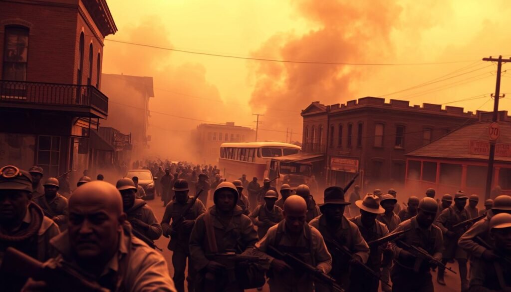 A chaotic, smoke-filled scene of racial violence unfolds in the streets of Tulsa, Oklahoma, as the Tulsa Race Riot of 1921 rages on. In the foreground, a group of armed white rioters advance, their faces contorted with hatred. In the middle ground, buildings burn, and panicked Black residents flee for their lives. The sky is a hazy, amber glow, casting an eerie, foreboding light over the devastation. The camera angle is slightly elevated, capturing the full scope of the destruction, while the lens mimics the grainy, high-contrast style of historical footage, heightening the sense of historical documentation. The overall mood is one of intense fear, chaos, and the tragic consequences of unchecked racial animosity.