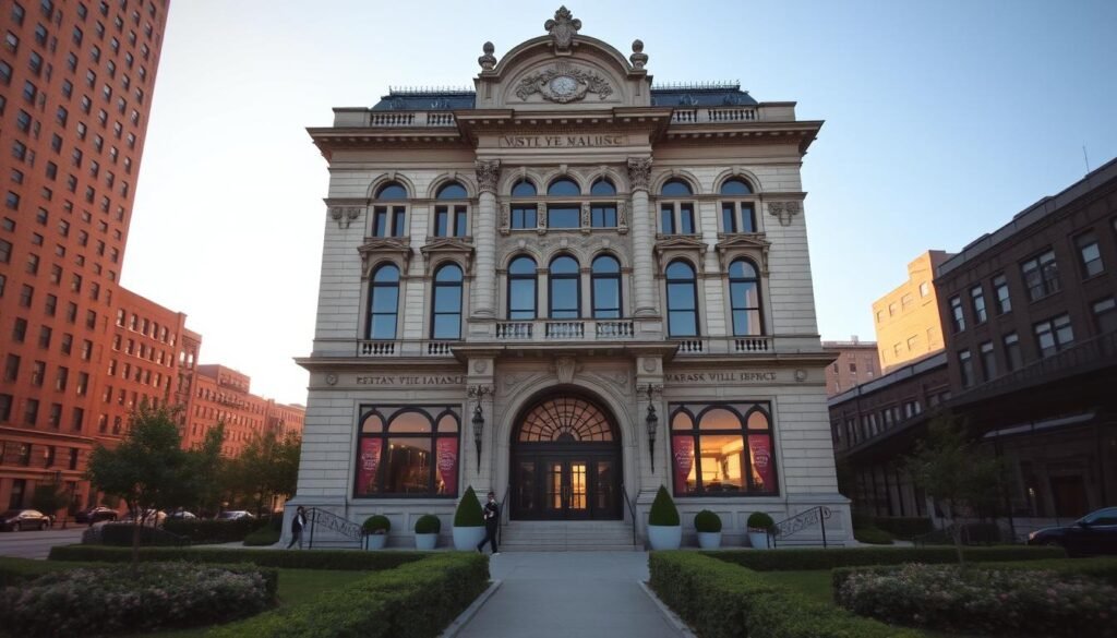 A grand, early 20th century building with ornate architecture and stone facade, standing proudly on Wabash Avenue in the historic Bronzeville neighborhood of Chicago. Elegant arched windows and ornamental details reflect the institution's important role in the community. The building is bathed in warm, golden light, capturing the timeless elegance of this iconic YMCA facility that served as a hub for the Great Migration and African American culture and influence. In the foreground, well-manicured gardens and pathways lead visitors towards the stately entrance, inviting them to explore this architectural treasure and its rich history.