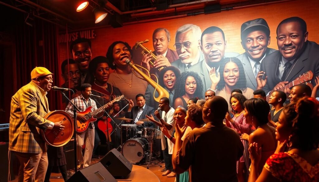 A vibrant, soulful depiction of the rich musical heritage of Bronzeville, Chicago. In the foreground, a group of musicians passionately perform on stage, their instruments and expressions conveying the energy and emotion of jazz, blues, and gospel. The middle ground features a diverse audience swaying and tapping to the rhythmic beats, their faces illuminated by the warm, golden lighting. In the background, a mural depicts the iconic figures who have shaped the cultural legacy of this neighborhood, their legacies radiating through the scene. The overall atmosphere exudes a sense of cultural pride, artistic expression, and the enduring spirit that has made Bronzeville a beacon of musical innovation and influence.