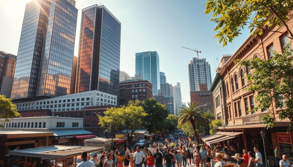 A vibrant urban landscape rises from the ashes of Greenwood's past, a testament to resilience and renewal. Towering skyscrapers of glass and steel stand tall, their reflective surfaces casting a warm, golden glow across the bustling streets below. In the foreground, a lively marketplace thrives, with vendors and shoppers weaving through the crowd, their energy and optimism palpable. Interspersed among the modern structures, historic buildings have been meticulously restored, their timeless architecture serving as a bridge between the past and present. Sunlight filters through the canopy of lush trees, casting dappled shadows and illuminating the vibrant colors of the scene. The atmosphere is one of progress, community, and a steadfast determination to rebuild and reclaim the legacy of Black Wall Street.