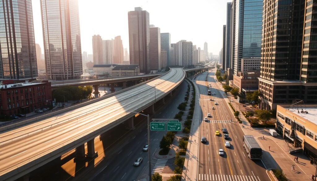 A wide, multilane expressway winds through the heart of Bronzeville, Chicago, its concrete ribbons cutting a swath through the urban landscape. Tall, sleek skyscrapers flank the highway, their mirrored glass facades gleaming in the afternoon sun. In the foreground, a series of exit ramps branch off, leading to streets lined with brownstone homes and bustling local businesses. The scene is bathed in a warm, golden light, casting long shadows across the pavement. The mood is one of motion and activity, hinting at the rich cultural heritage and economic resilience of this historic neighborhood.