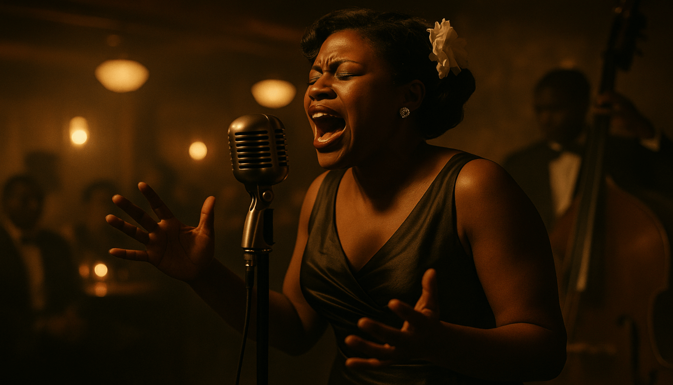 A Black female jazz singer performs passionately in a 1940s Detroit nightclub in Paradise Valley, capturing the musical legacy and spirit of Detroit’s Black Bottom.