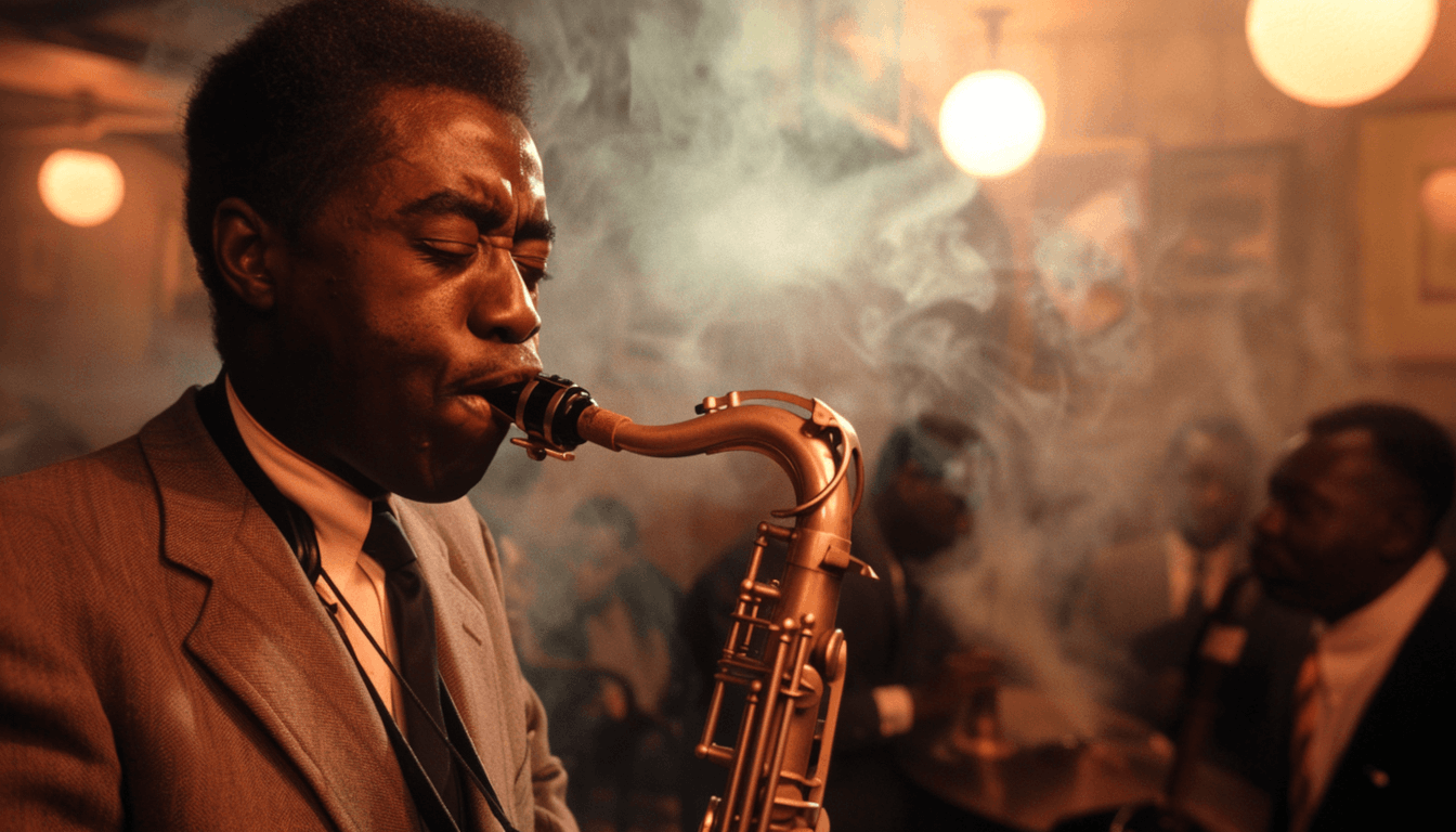 Philadelphia’s Black Bottom: How Penn Expansion Erased a Black Wall Street 1 A saxophonist performing with passion in a vibrant 1950s jazz club, capturing the cultural energy of the Black Bottom district—Philadelphia's lost Black Wall Street.