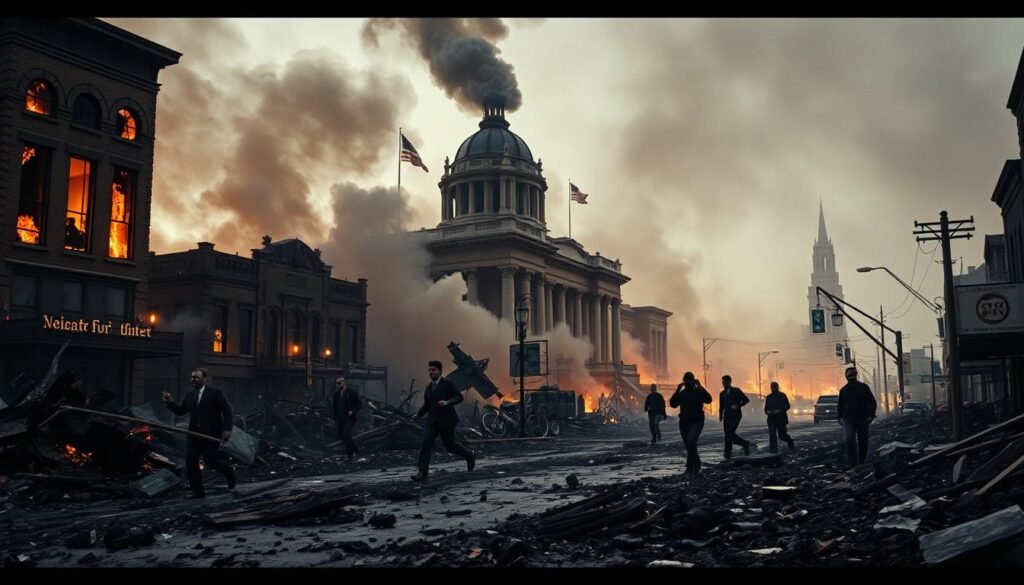 Smoldering rubble and charred debris litter the once-vibrant streets of Tulsa's Greenwood district, known as "Black Wall Street." Smoke billows from destroyed buildings, casting an eerie, apocalyptic glow over the scene. Panicked figures flee amidst the chaos, their faces etched with fear and desperation. In the background, imposing structures stand as silent witnesses to the devastation, their stately facades now marred by the ravages of violence. The atmosphere is one of profound loss, a community torn asunder by the fury of a deadly, racially-motivated attack. Somber shadows and muted tones evoke the weight of this historic tragedy, a scar on the collective memory of a nation.