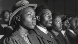 Urban Renewal and the Decline of Black Wall Streets: How Policy Displaced Generational Wealth 2 A group of African American founders and community members in a historic meeting, establishing a Black-owned bank to support entrepreneurship and economic independence on Black Wall Street.
