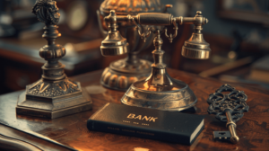 banks and insurance  A vintage telephone, bank book, and key, symbolizing the financial engines of Black-owned banks and institutions that powered enterprise.