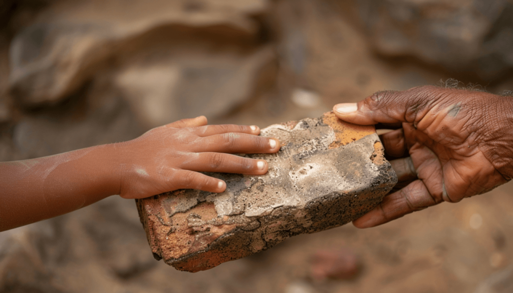 A symbolic image of an elder's hand and a child's hand together on a historic brick from Greenwood, representing the passing of Black Wall Street's legacy.