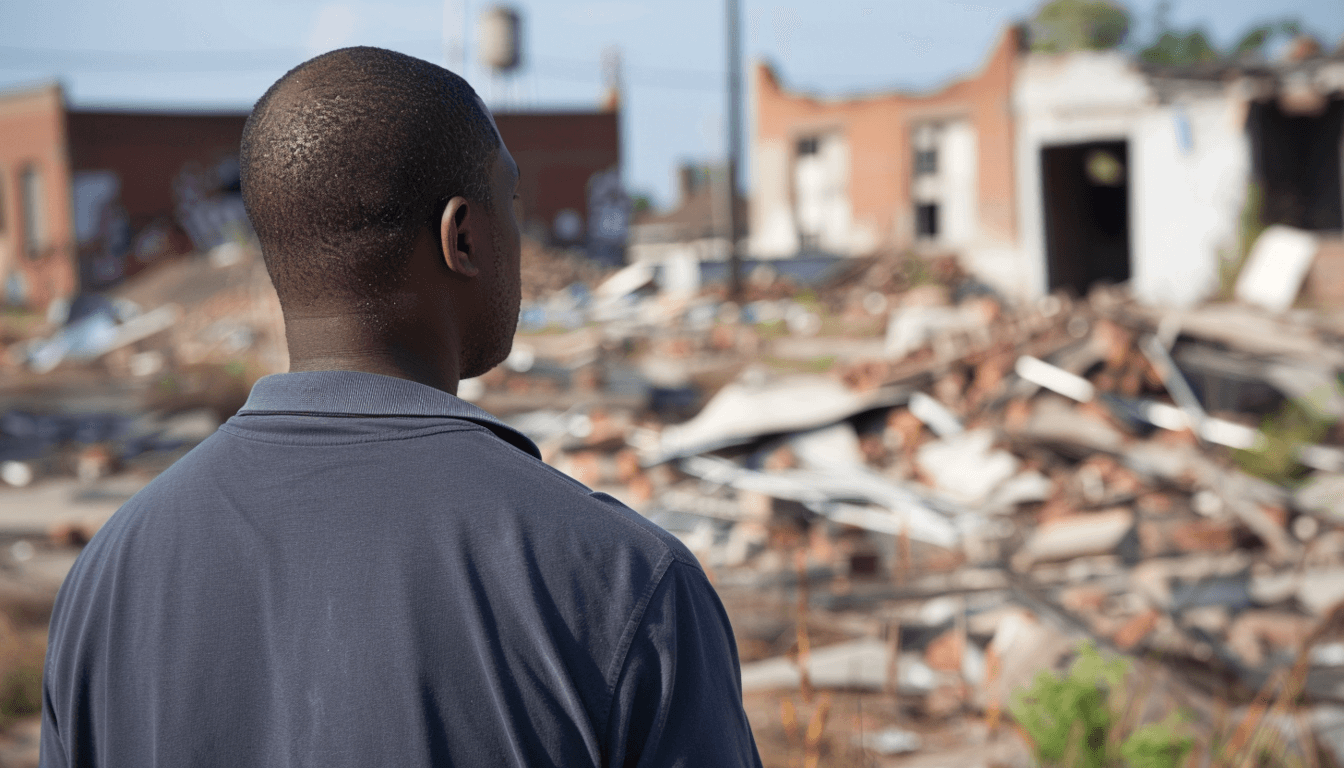 Urban Renewal and the Decline of Black Wall Streets: How Policy Displaced Generational Wealth 1 A man looking at the ruins of a building in a historic Black Wall Street district, representing a lost legacy and generational wealth.