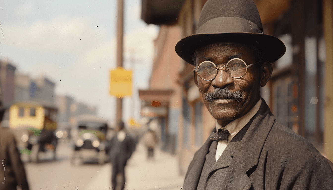 A dramatic cinematic representation of O.W. Gurley standing on a bustling Greenwood Avenue in 1920, looking towards the prosperous future of Black Wall Street.
